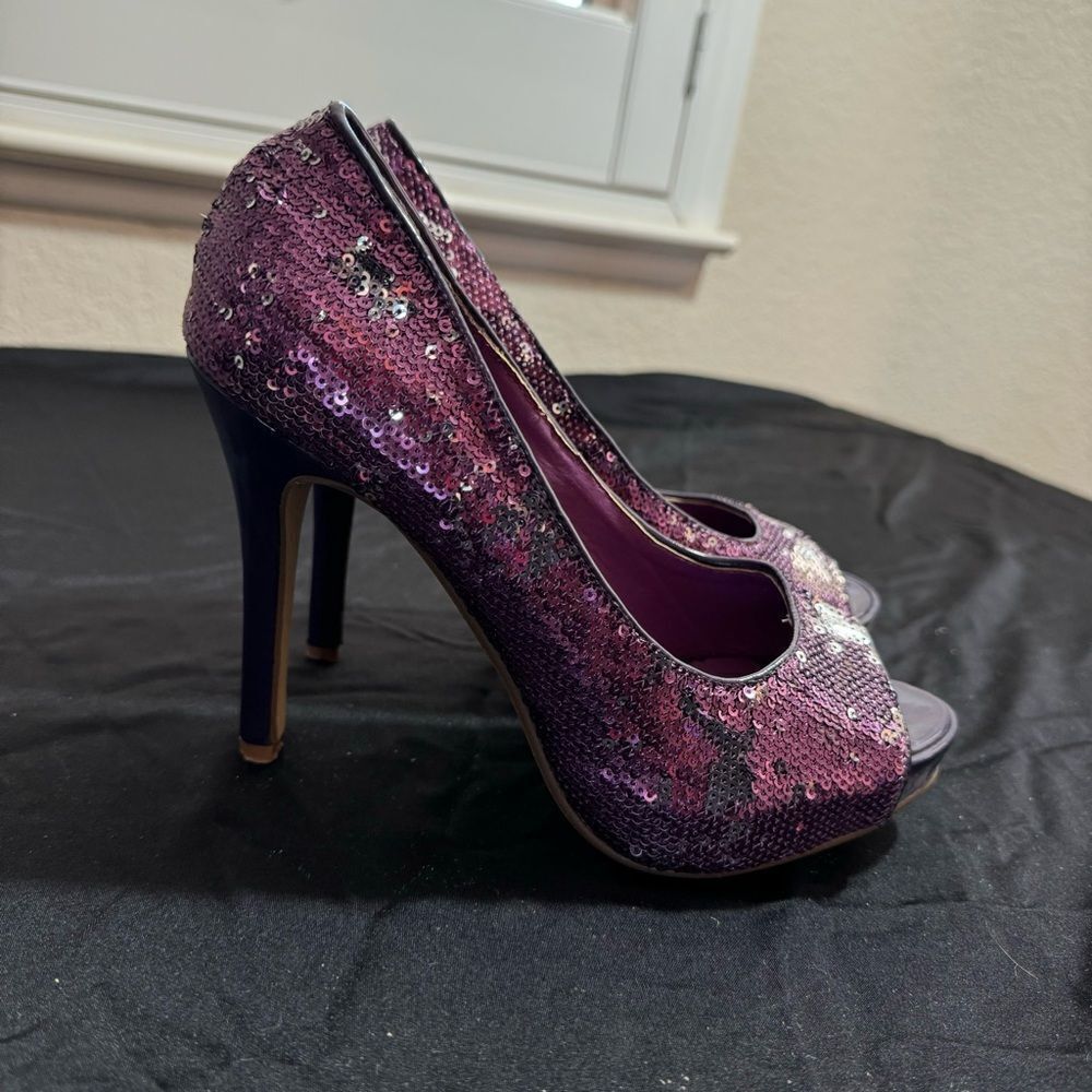 Ellie Purple Sequin Peep-Toe Heels - Size 7 - Picture 7 of 11